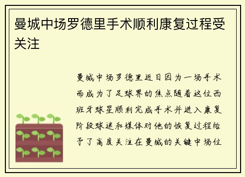 曼城中场罗德里手术顺利康复过程受关注
