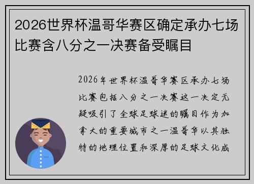 2026世界杯温哥华赛区确定承办七场比赛含八分之一决赛备受瞩目