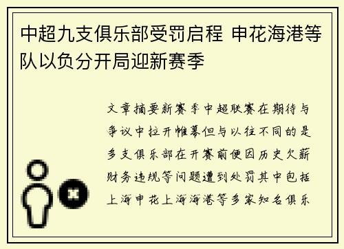 中超九支俱乐部受罚启程 申花海港等队以负分开局迎新赛季
