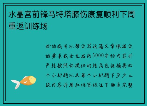 水晶宫前锋马特塔膝伤康复顺利下周重返训练场