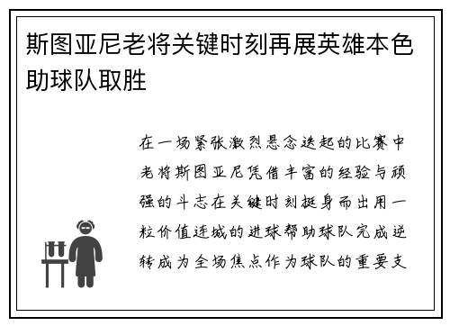 斯图亚尼老将关键时刻再展英雄本色助球队取胜 斯图亚尼老将关键时刻再展英雄本色助球队取胜